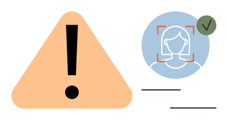 Alert triangle and facial recognition icon with verified checkmark to signal attention and validation. Ideal for digital security, identity verification, caution, attention, safety, technology