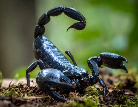 Close-up of a black scorpion on forest floor (1)