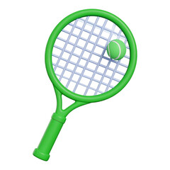 A green tennis racket with a tennis ball positioned near the strings, isolated on a white background.
