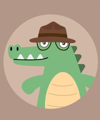 Flat Design Illustration  Face Crocodile Character Wearing a Hat