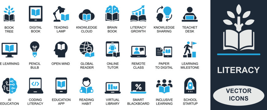 Global Literacy Awareness icon set for International Literacy Day with book, reading, education, and e-learning concepts. Ideal for school, app, UI, and digital learning projects.