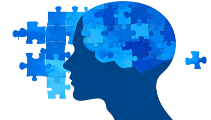 Human head profile made of chaotic blue jigsaw puzzle. Concept of cognitive psychology or psychotherapy, personality disorder, brain problem, mental health. PNG isolated on transparent
