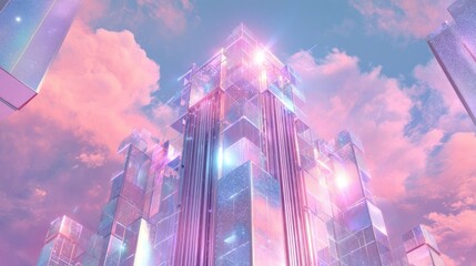 A crystalline skyscraper glistening under a vibrant, cloud-filled sky. 3D render