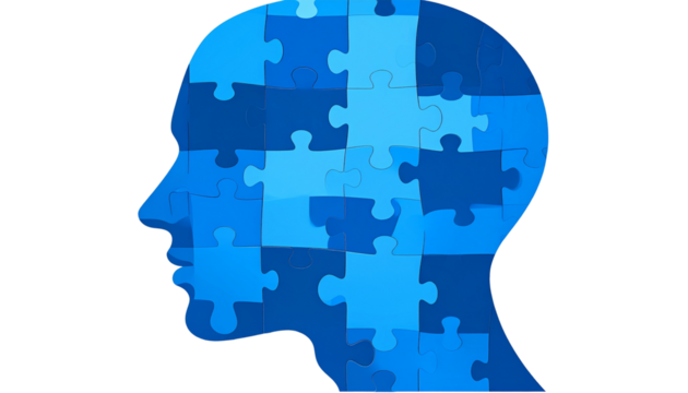 Human head profile made of chaotic blue jigsaw puzzle. Concept of cognitive psychology or psychotherapy, personality disorder, brain problem, mental health. PNG isolated on transparent - Powered by Adobe