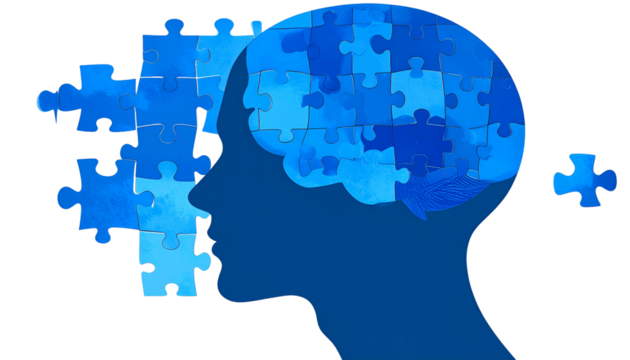 Human head profile made of chaotic blue jigsaw puzzle. Concept of cognitive psychology or psychotherapy, personality disorder, brain problem, mental health. PNG isolated on transparent