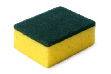 Cleaning sponge with green scrubbing pad on transparent background