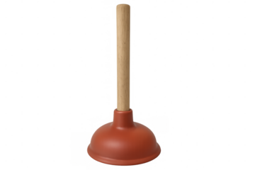 Red rubber force cup with wooden handle on transparent background