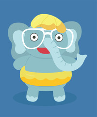 Flat Design Illustration Elephane Character at Swimming Pool, Sunglasses, Hat