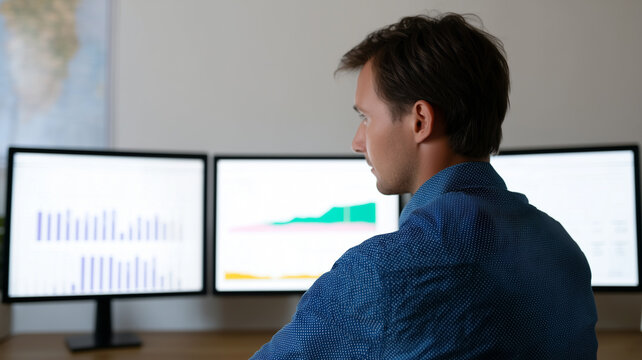 Business analyst reviewing inventory management data on computer screens, focused and professional workspace - Powered by Adobe