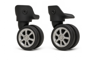 Two rotating suitcase wheels on transparent background