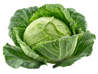 A fresh, whole green cabbage with tightly packed leaves and a slightly textured surface, surrounded by its loose outer leaves, all presented against a clean white background to emphasize its form.