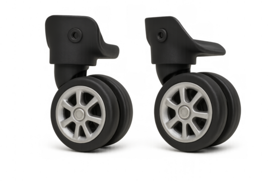 Two rotating suitcase wheels on transparent background