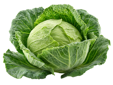 A fresh, whole green cabbage with tightly packed leaves and a slightly textured surface, surrounded by its loose outer leaves, all presented against a clean white background to emphasize its form.