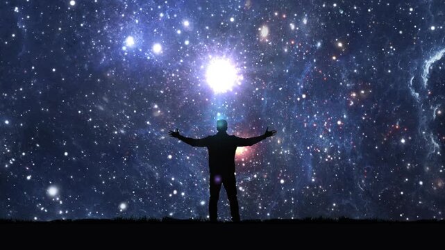 A man stands with arms wide open under a star-filled night sky, embracing the vastness of the universe. A bright celestial light shines above, symbolizing wonder, connection, and cosmic exploration.