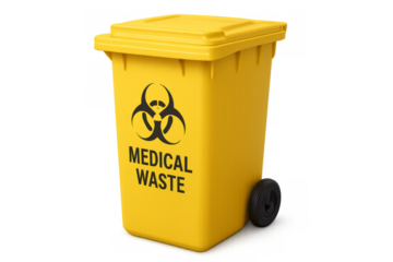 Yellow container for medical waste disposal with biohazard symbol on transparent background