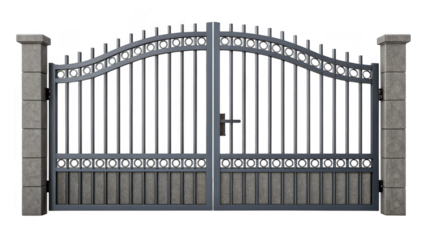 Ornate wrought iron driveway gate with stone pillars isolated on transparent background