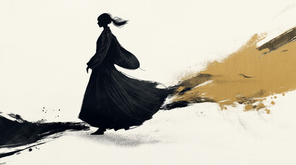 A woman in a black dress walks, leaving golden brush strokes behind her, symbolic of a journey or personal transformation.