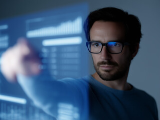 Man analyzing digital data on futuristic transparent screen, focused expression, technology, innovation