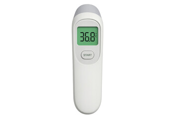 Digital medical infrared thermometer showing normal temperature on transparent background