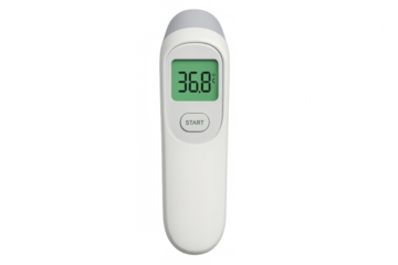 Digital medical infrared thermometer showing normal temperature on transparent background