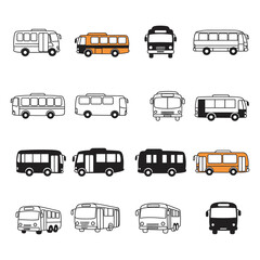 Collection of diverse bus illustrations in various styles and perspectives