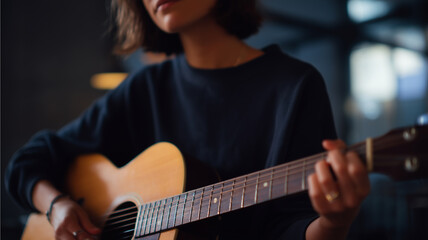 Obraz premium Female musician playing acoustic guitar indoors, casual clothing, relaxed mood, medium long shot, soft lighting
