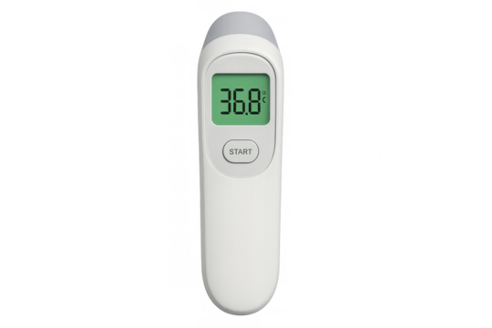 Digital medical infrared thermometer showing normal temperature on transparent background