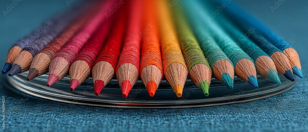 Poster a row of colored pencils are on a glass plate. the pencils are of different colors and are arranged 