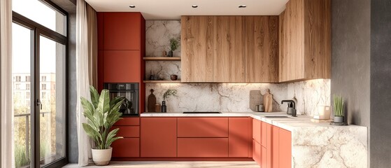 A kitchen with a red countertop and cabinets. The kitchen has a window with a plant in it
