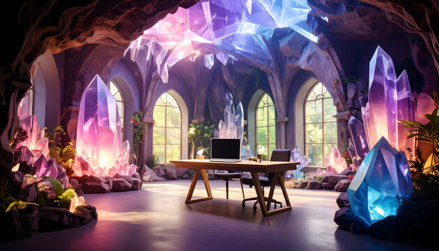 Fantasy cave office interior with computer and amethyst crystals glowing light - Powered by Adobe