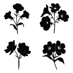 Four black silhouettes of blooming flowers on white background