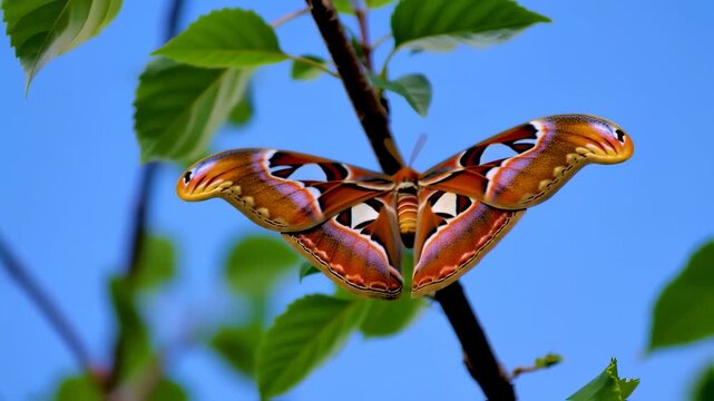 Majestic Atlas Moth, Stunning Wings Against Blue Sky