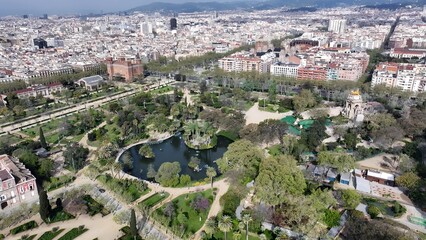 Obraz premium Ciutadella Park In Barcelona Community Of Catalonia Spain. Breathtaking Aerial Landscape Of Famous Leisure Park Of The City. Metropolitan Skyline Panoramic City View Stunning.