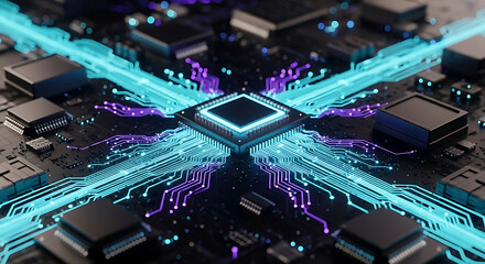 Futuristic glowing circuit board with central processor and data streams