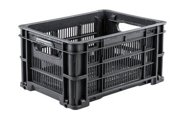 Black plastic storage crate with ventilation