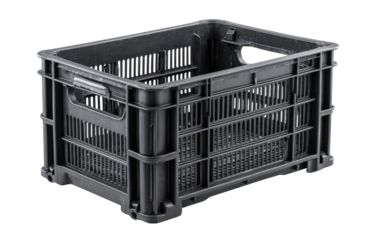 Black plastic storage crate with ventilation