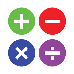 Fototapeta premium Vector illustration of a set of mathematical symbols. Circular icons for basic number operations like addition, subtraction, multiplication, and division. Simple calculation elements.