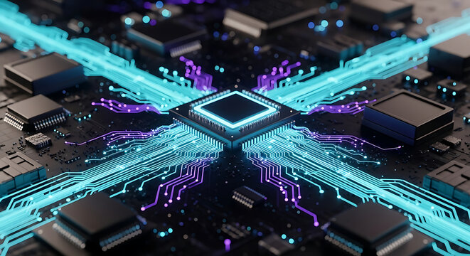 Futuristic glowing circuit board with central processor and data streams
