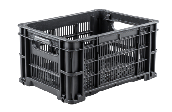 Black plastic storage crate with ventilation