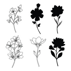 Four black silhouettes of blooming flowers on white background