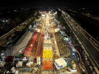 Carnival Ride In Sao Paulo Brazil. Famous Carnival Sambadrome Landscape Viewed From Above. Building...