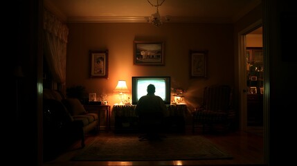 A melancholic room lit only by a screen displaying fading family memories with heavy digital noise, cinematic emotion, solitude and nostalgia, 