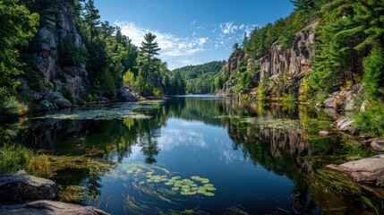 Fototapeta premium Serene lake scene surrounded by rocky cliffs, lush trees, and a blue sky. Reflection