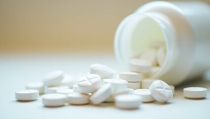White pills spilled from bottle medication drugs pharmacy healthcare prescription medicine medical treatment