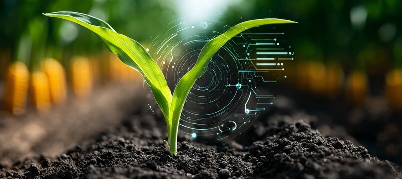 Maize Seedlings in a Green Field with Digital Data Graphics for Modern Agricultural Techniques