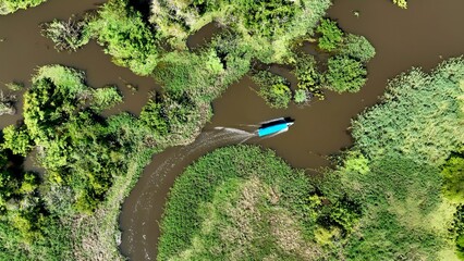 Boat Sailing In Manaus Amazonas Brazil. Breathtaking Aerial View Of Boat Sailing In A Wonder Scene....