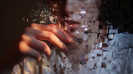 A person touching a holographic photo that starts to break apart in shimmering glitches, digital fragments floating away like dust, poetic sadness, 