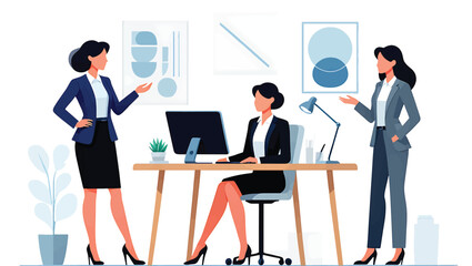 Fototapeta premium Dynamic team of businesswomen collaborating in a modern office. Vector illustration.