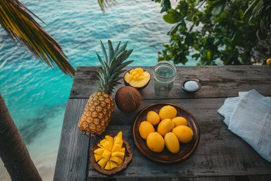 Tropical fruit spread with pineapple and mango by the ocean