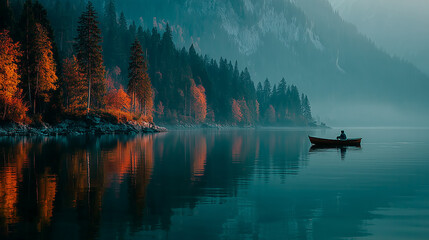 Person Rowing on Calm Misty Lake in Autumn